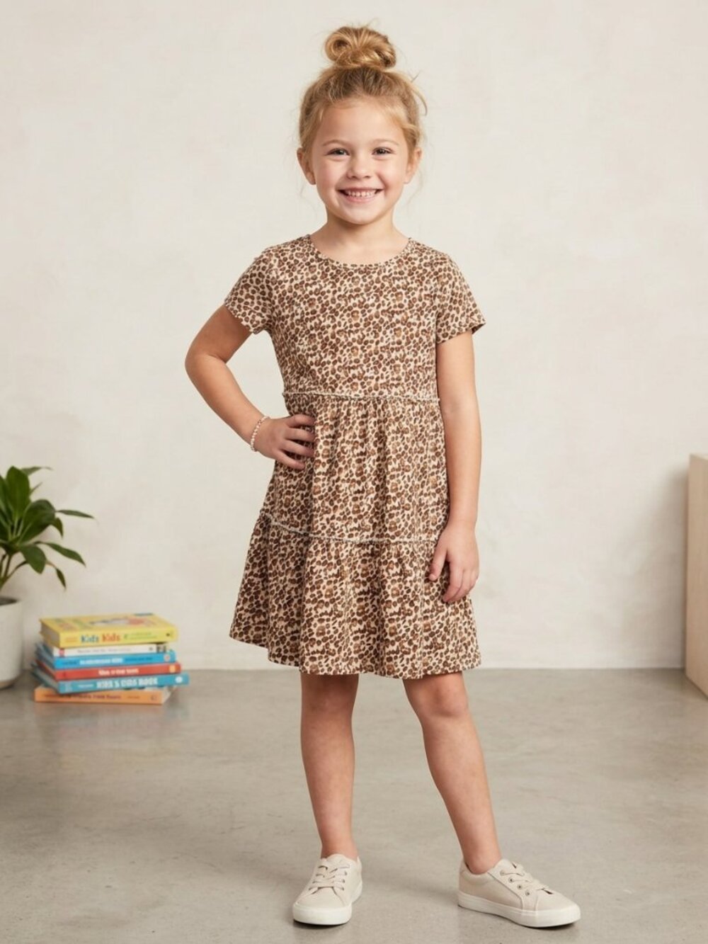 Old Navy Leopard Print Short Sleeve Dress - Brown/Cream kids Size XL(14-16)